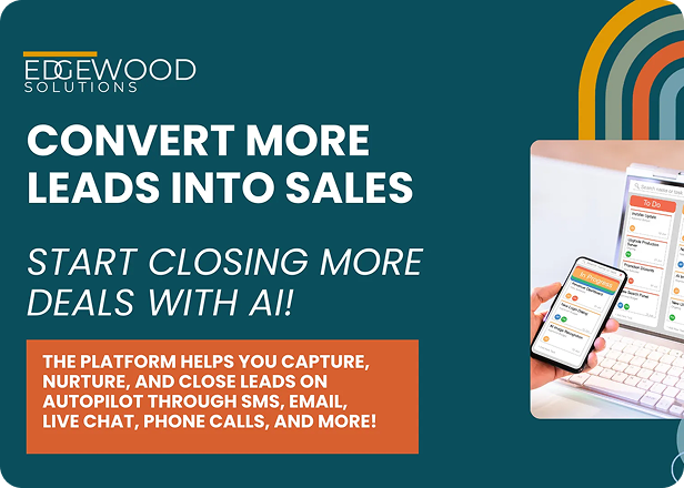 Teal ad promoting Edgewood Solutions: “Convert more leads into sales,” with phone and laptop screenshots.