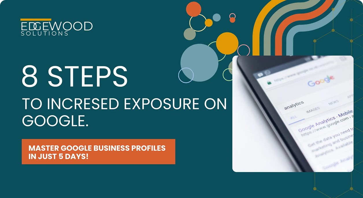 Promotional banner: “8 steps to increased exposure on Google” with smartphone and orange/teal design
