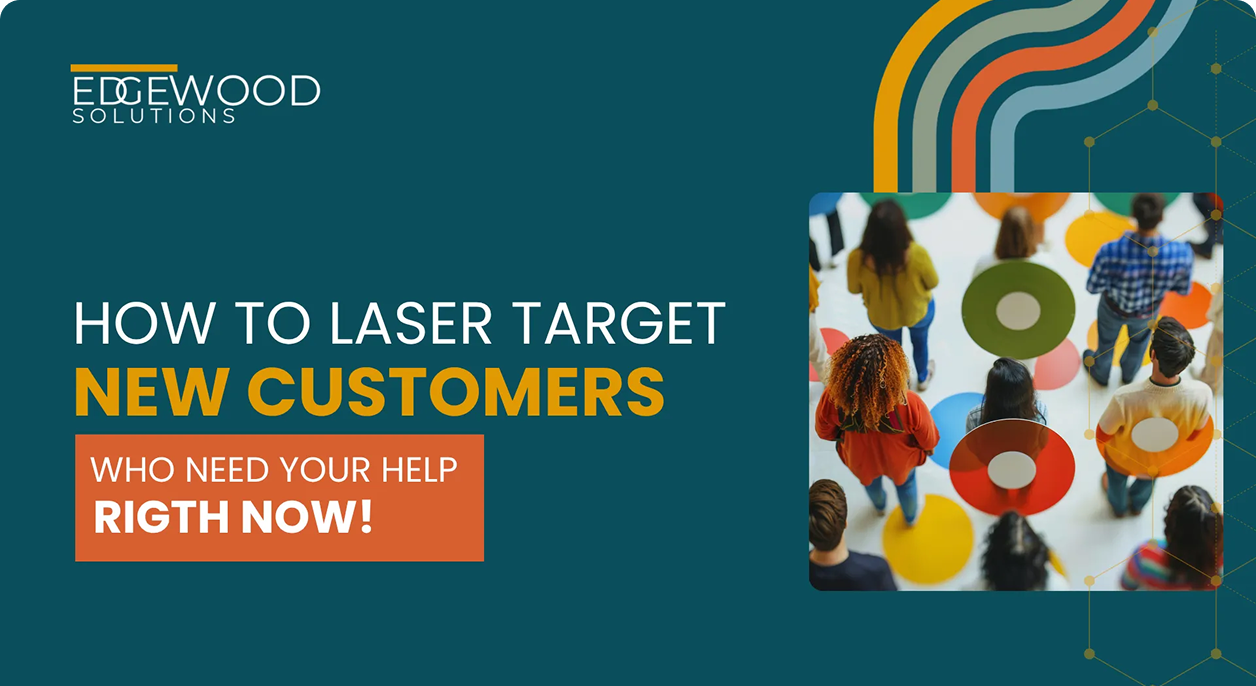 Teal marketing banner: “How to laser target new customers” with abstract circles and “right now!” callout
