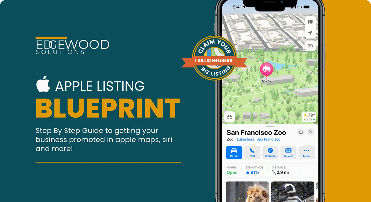 Apple listing blueprint ad with teal background, bold yellow text, and a phone showing a map app screen