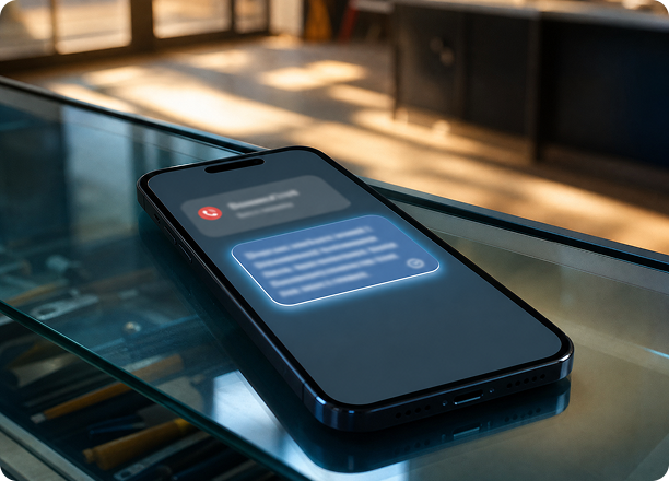 Smartphone on a reflective table displaying a glowing notification in a dim room