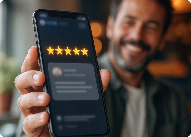 Hand holding smartphone with five-star review on screen, smiling person blurred in background