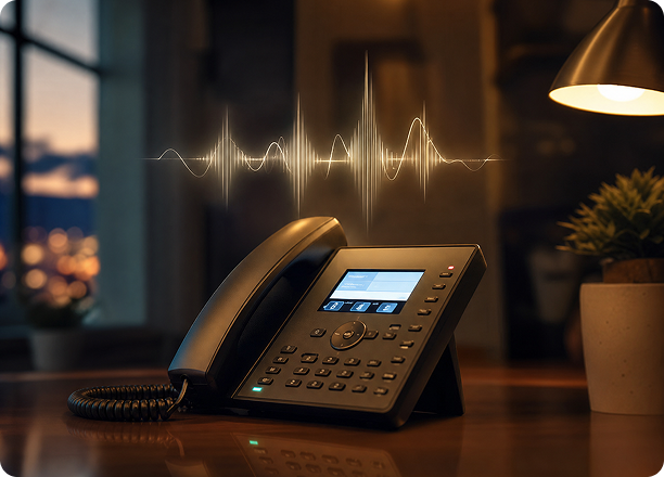 Desk phone on a wooden table in a cozy office, with a glowing audio waveform floating above it.