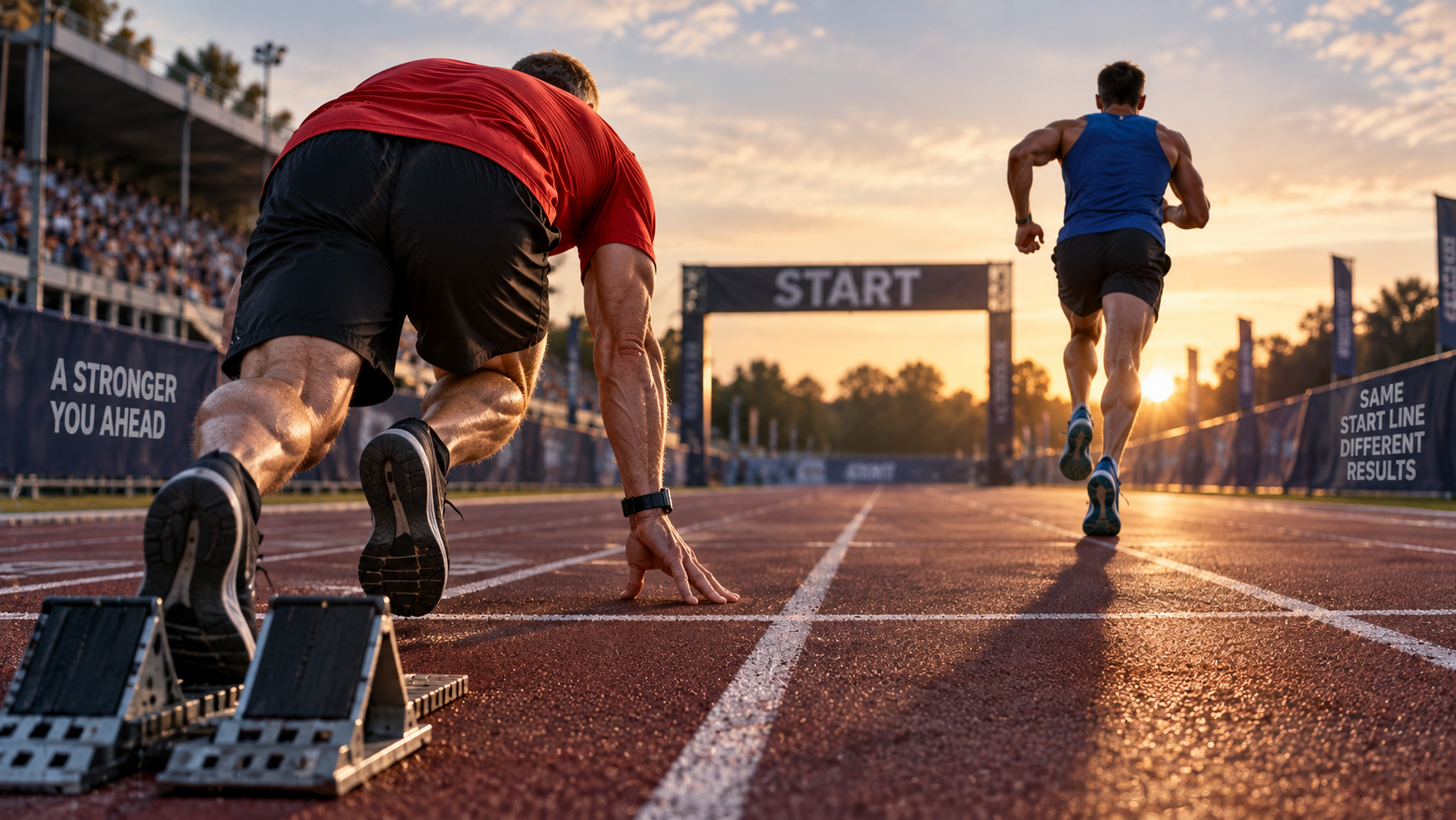 Two sprinters at the starting blocks on a track, with the start line ahead at sunset.