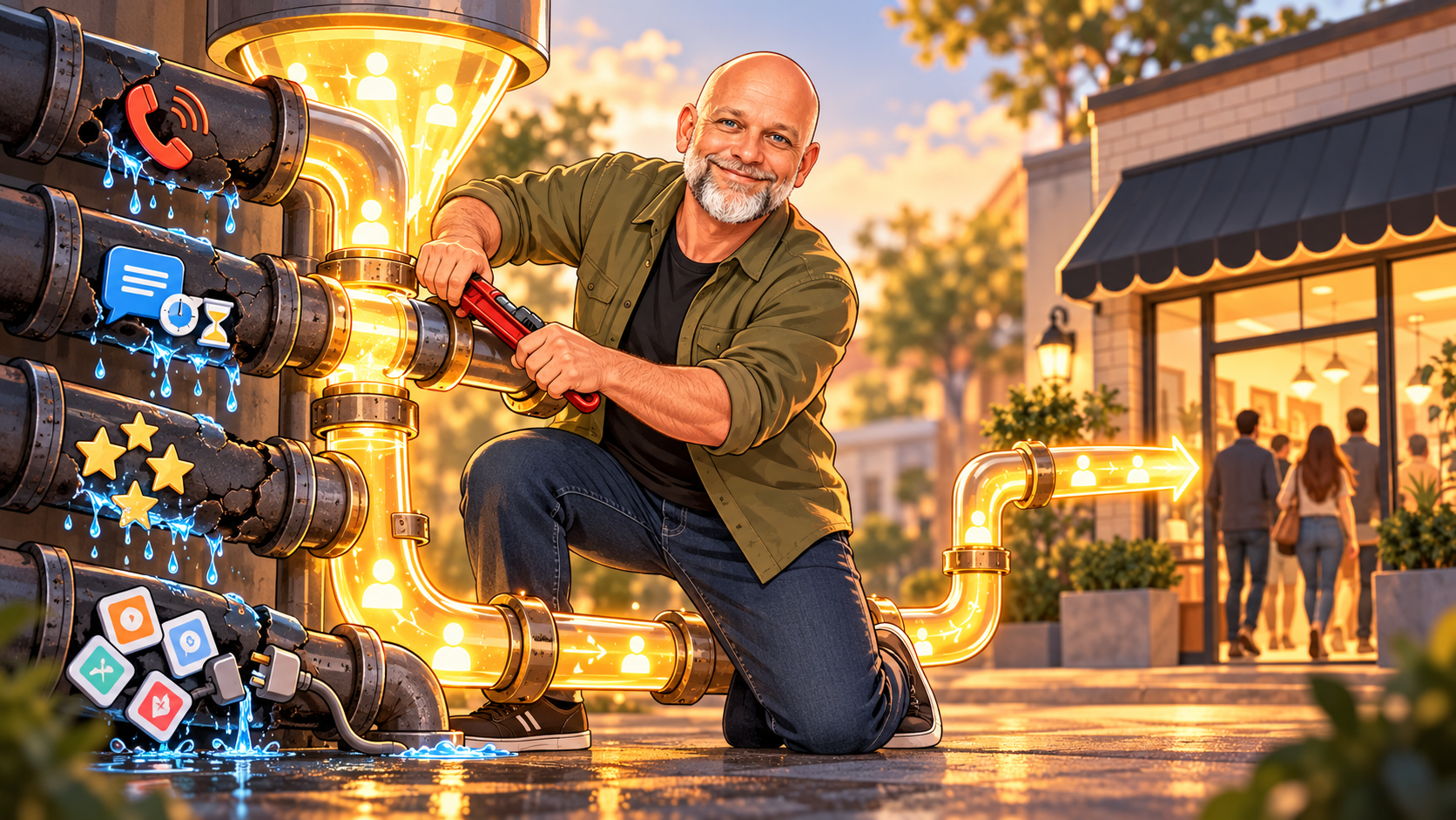 Man crouching by a glowing brass machine with blue pipes, outside a warmly lit building at dusk