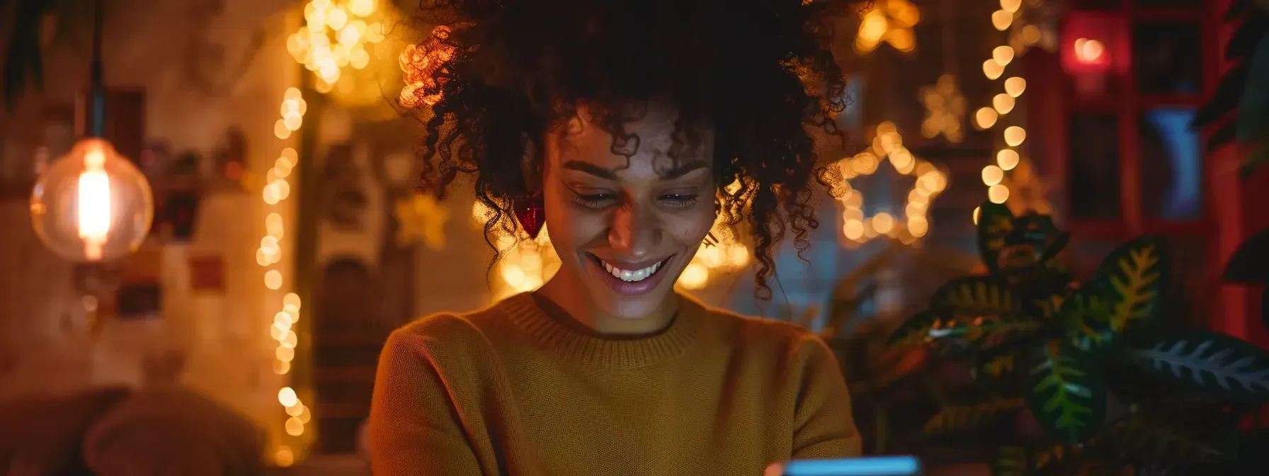 A woman is smiling while looking at her phone in front of a christmas tree.