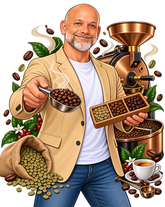 Coffee roaster holding beans and chocolate, with roasted coffee beans, grinder, and cups on a white background