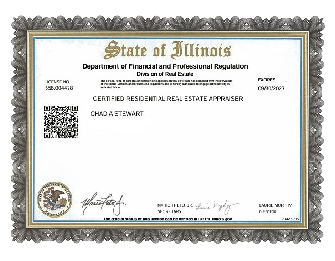 Illinois Department of Financial and Professional Regulation certificate with ornate border and seal.