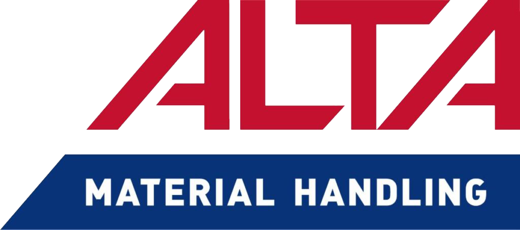A red white and blue logo for alta material handling