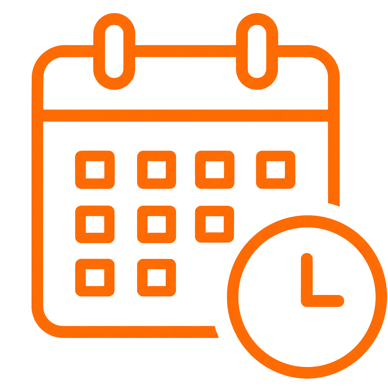 Orange calendar icon with a clock, indicating scheduling or upcoming events