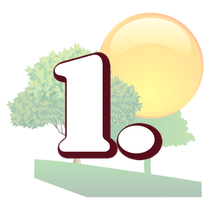 The number 1 is surrounded by trees and a sun