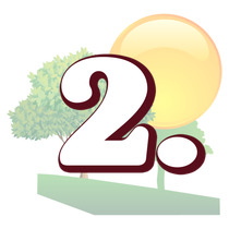 The number 2 is surrounded by trees and a sun