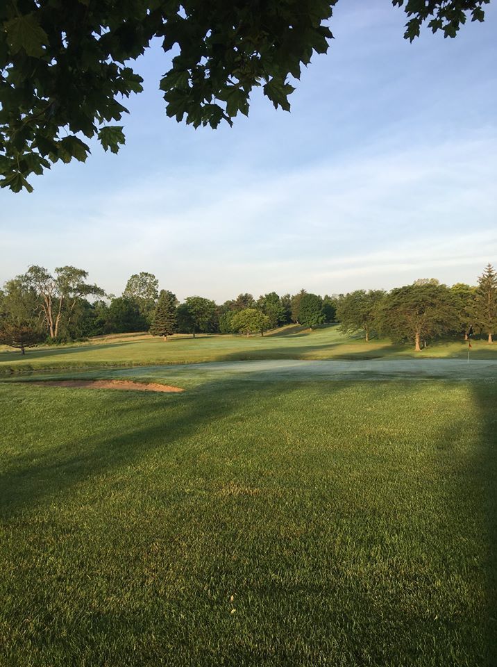 A view of a golf course with trees in the background