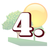 The number 4 is surrounded by trees and a sun