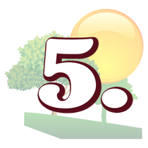 The number 5 is surrounded by trees and a sun