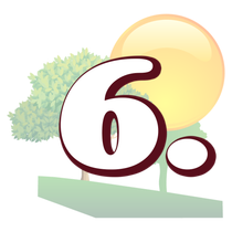 A number 6 with a tree and a sun in the background