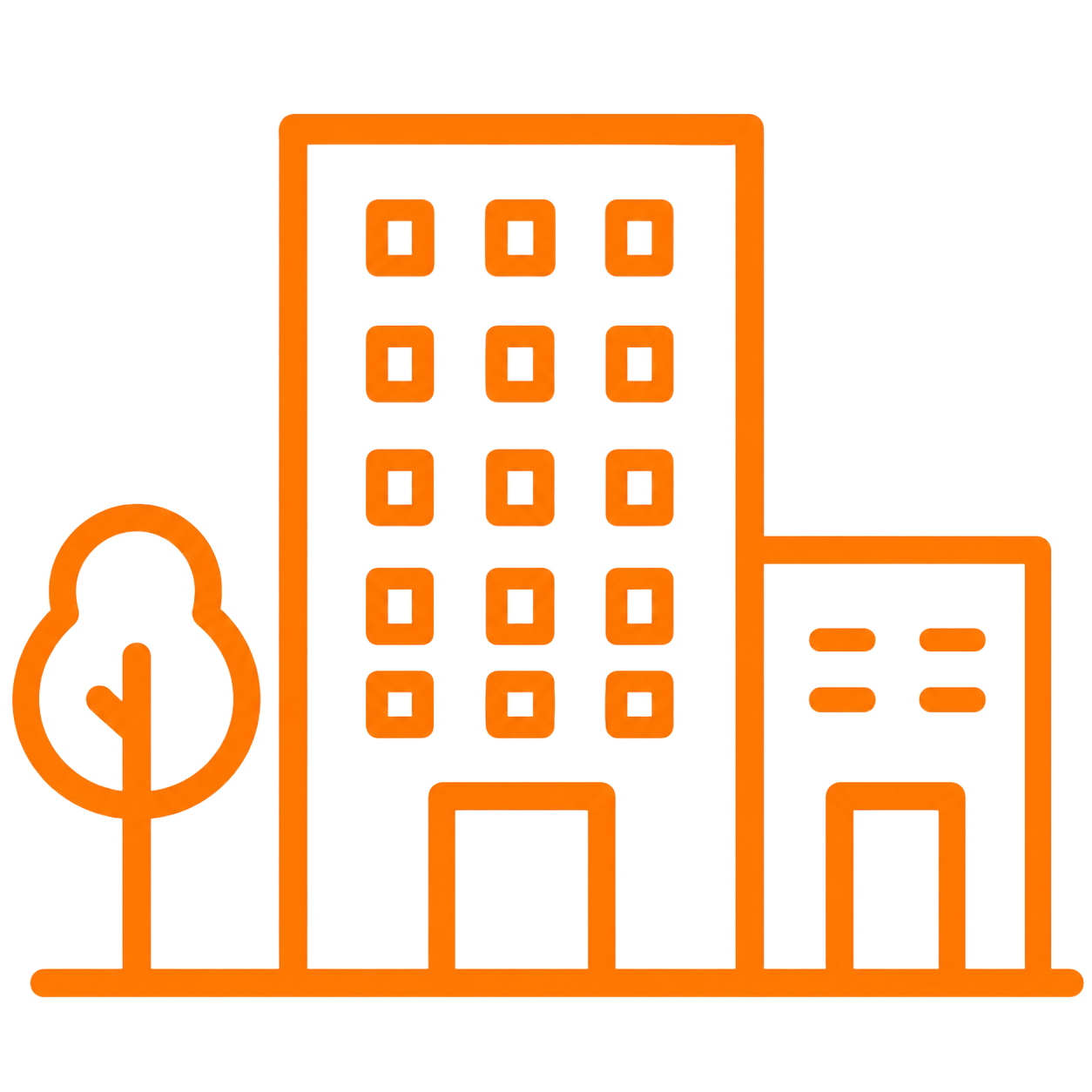 Orange outline of buildings and a tree, depicting a simple city skyline icon
