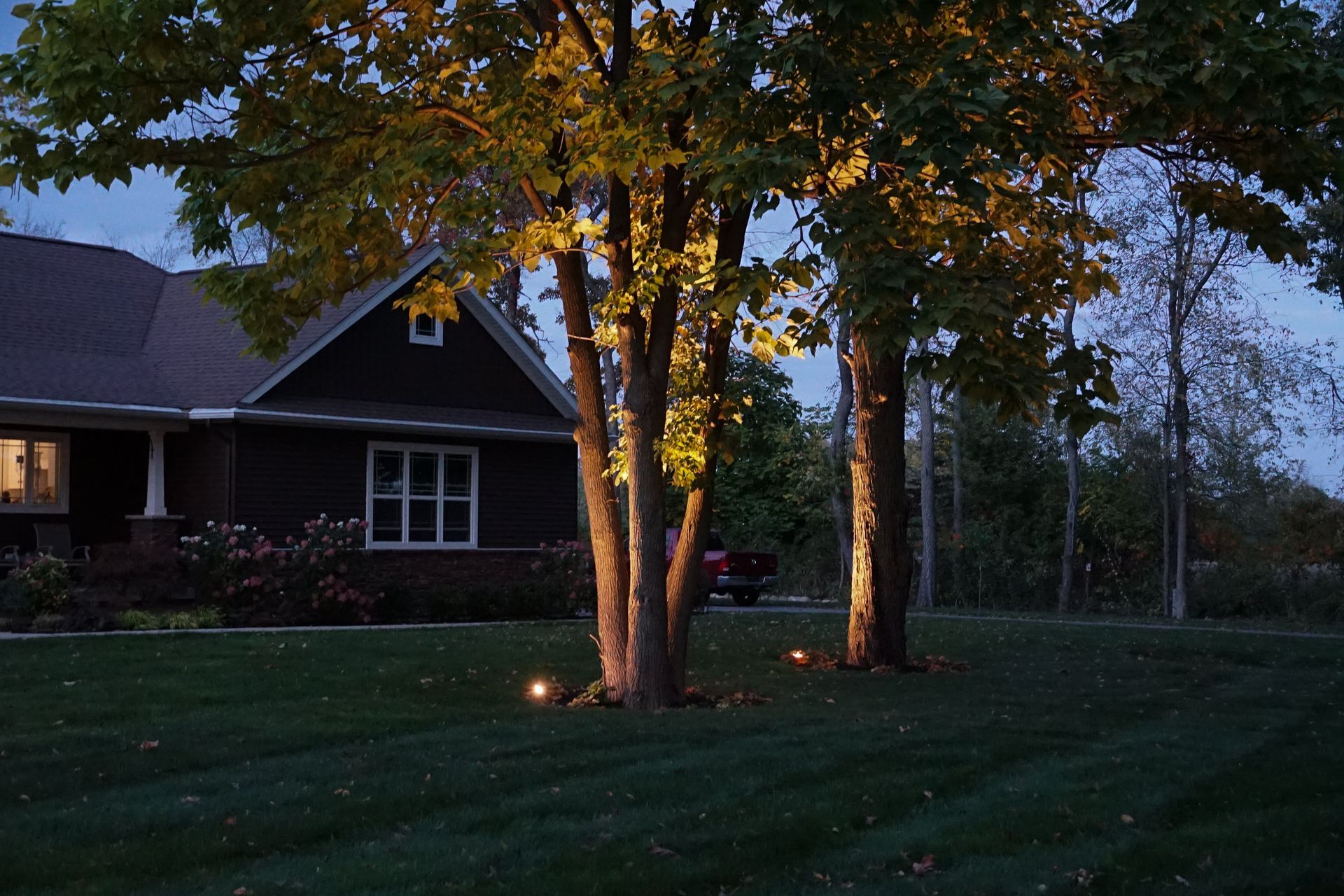 Dusk-lit house with a large tree in the yard and small garden lights glowing on the lawn.