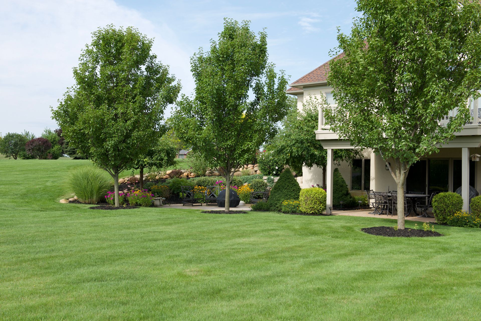 A house with a lush green lawn and trees in front of it