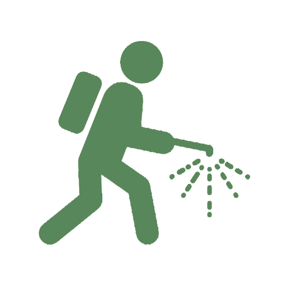 Green icon of a person spraying water from a hose, with droplets spraying forward.
