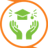 A green icon of two hands holding a graduation cap.