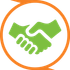 A green handshake icon in an orange circle.