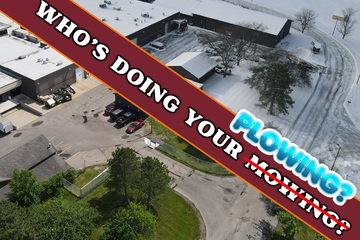 Aerial view of a snowy parking lot with bold text reading “WHO’S DOING YOUR PLOWING?”
