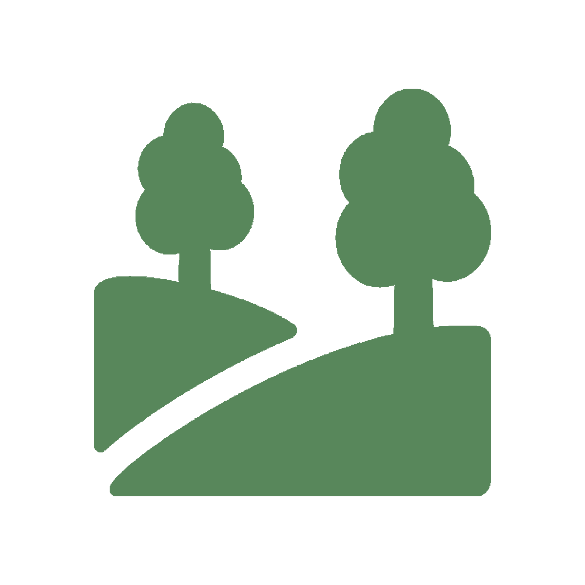 Green icon of two trees on rolling hills under a white sky