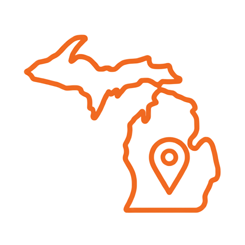 Orange outline of Michigan with a location pin icon inside the lower peninsula