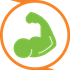 A green icon of a muscular arm in an orange circle.