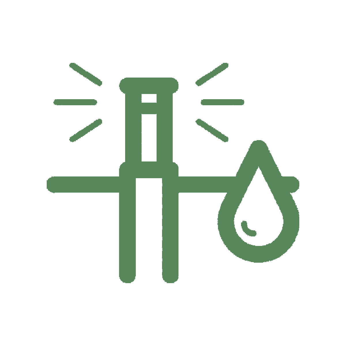 Green water faucet icon with a droplet on the right and radiating lines around the tap