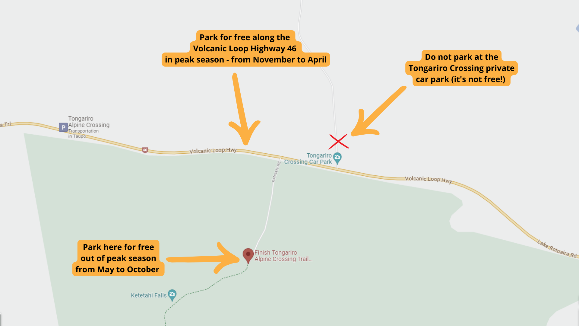 A map showing the carpark for shuttle pick up for the the Tongariro Alpine Crossing