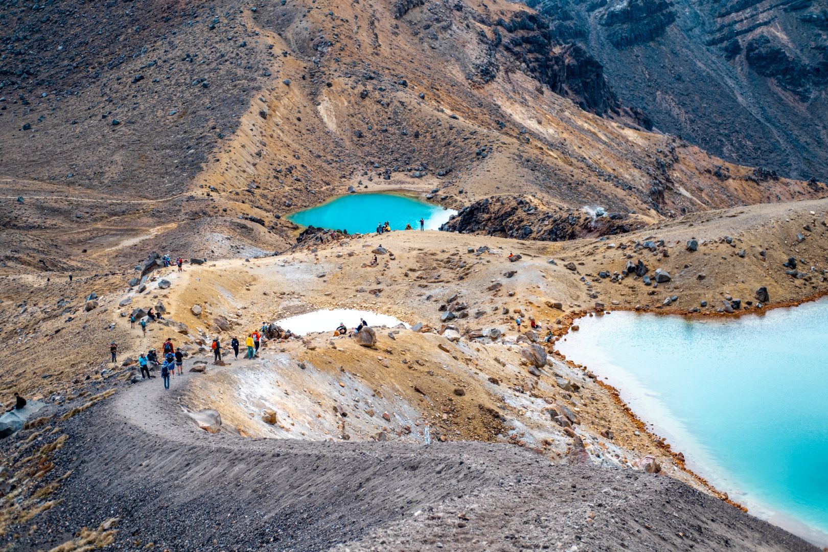 Groups of hikers viewing the Blue and Emerald Lakes