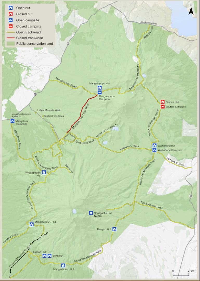 A map showing the location of huts and campsites in and around the Tongariro National Park