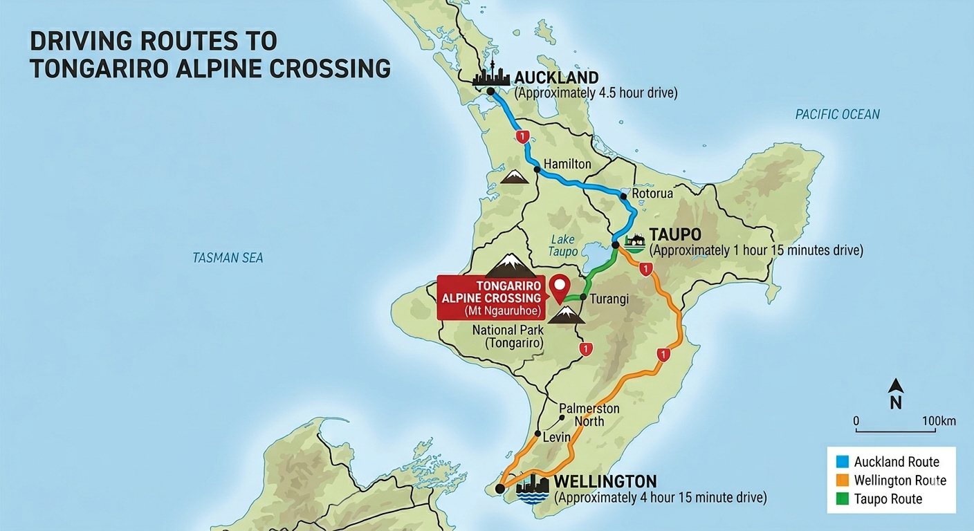 A map of the travel routes in the North Island to the Tongariro Alpine Crossing