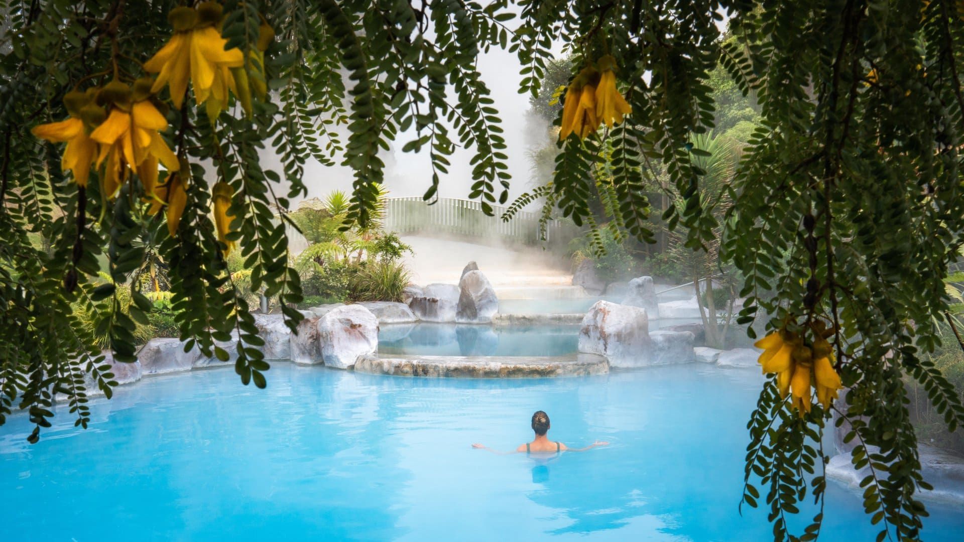 Visitors to Wairakei relaxing in natural hot pools