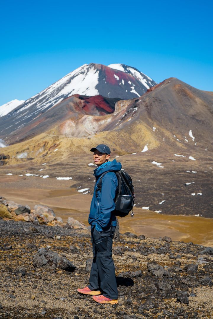 A picture of the summit of Moun Tongariro in spring with snow on the mountain
