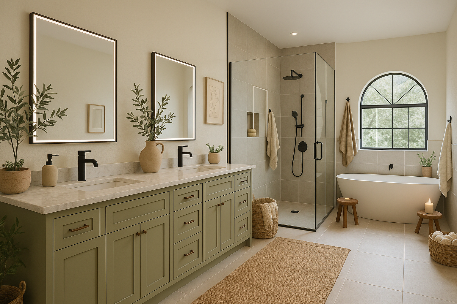 Modern beige bathroom with olive vanity, black fixtures, shower, tub, and arched window.