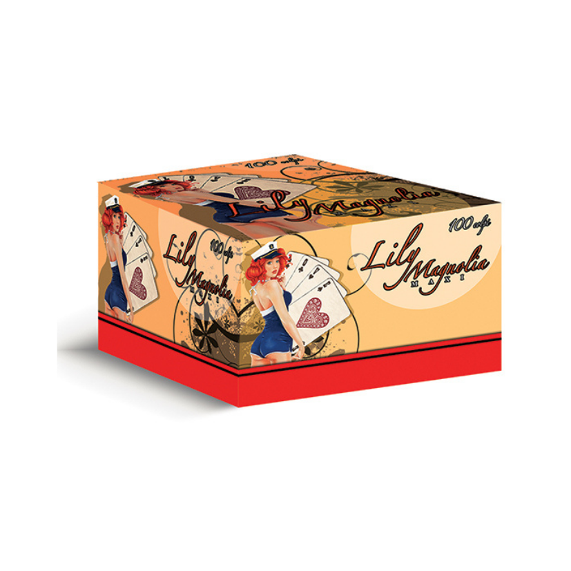 Scatola da 100 fiches da poker Lily Maybelle, in stile vintage con illustrazione di una pin-up, nei colori arancione, rosso e beige.