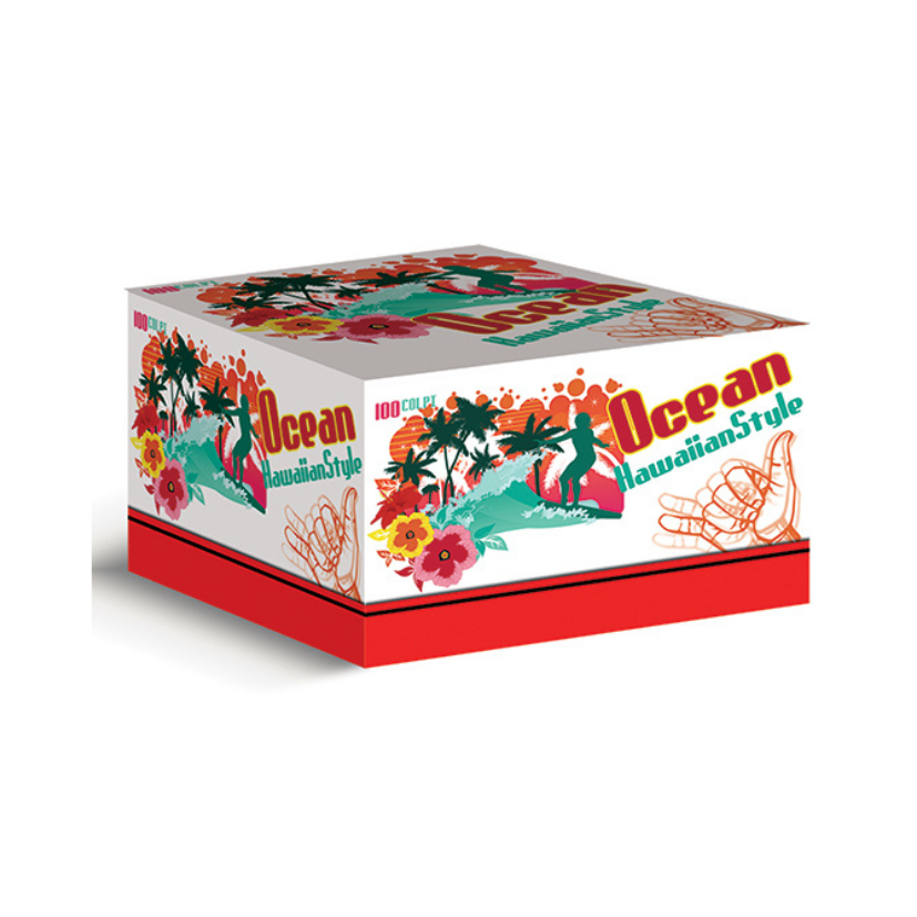 Scatola con design tropicale; scritta