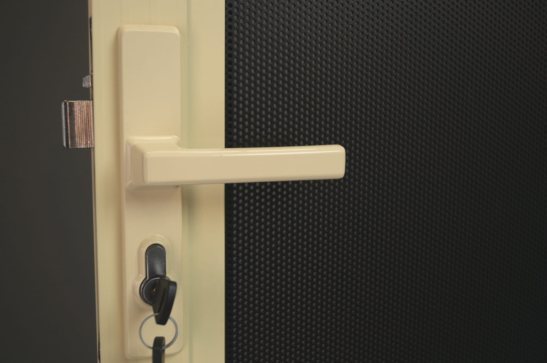 Ivory door handle and lock on a black textured door — Everything Screendoors & More In Shellharbour, NSW