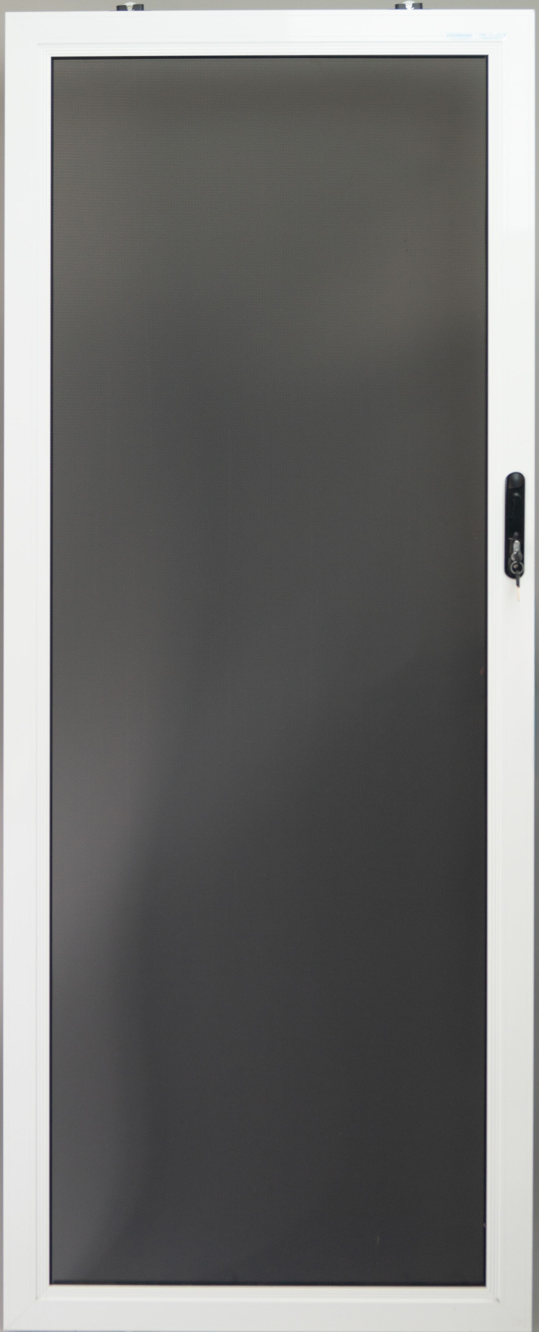 White framed screen door. Black mesh in the center, handle on the right — Everything Screendoors & More In Wollongong, NSW