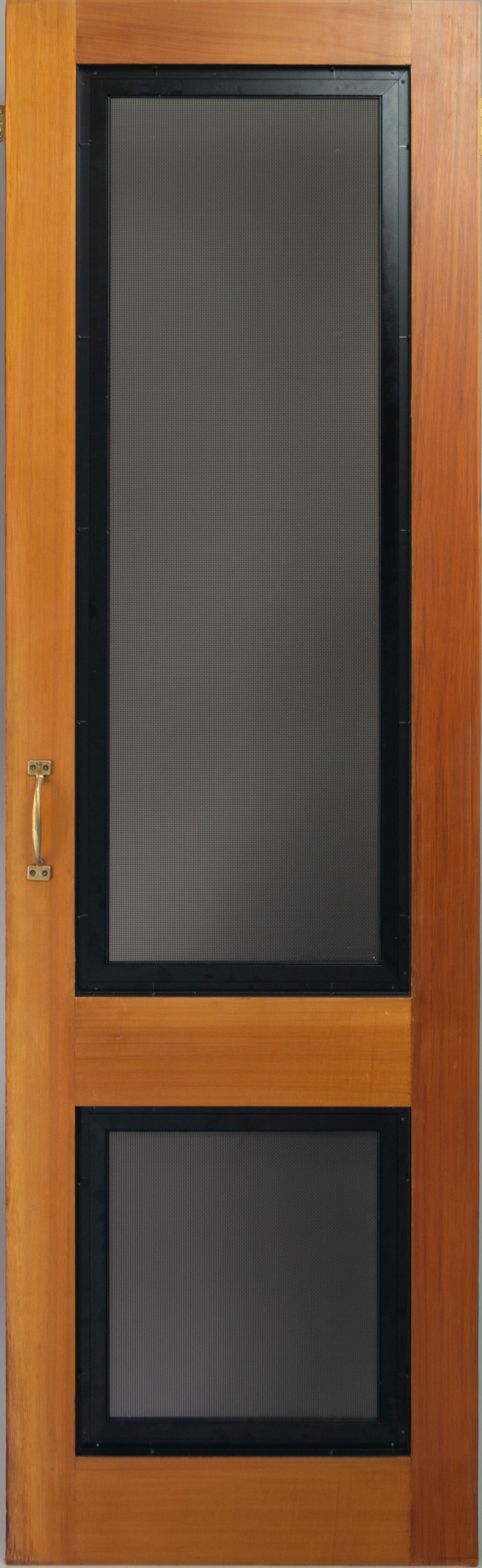 Wooden screen door with mesh panels and brass hardware — Everything Screendoors & More In Wollongong, NSW