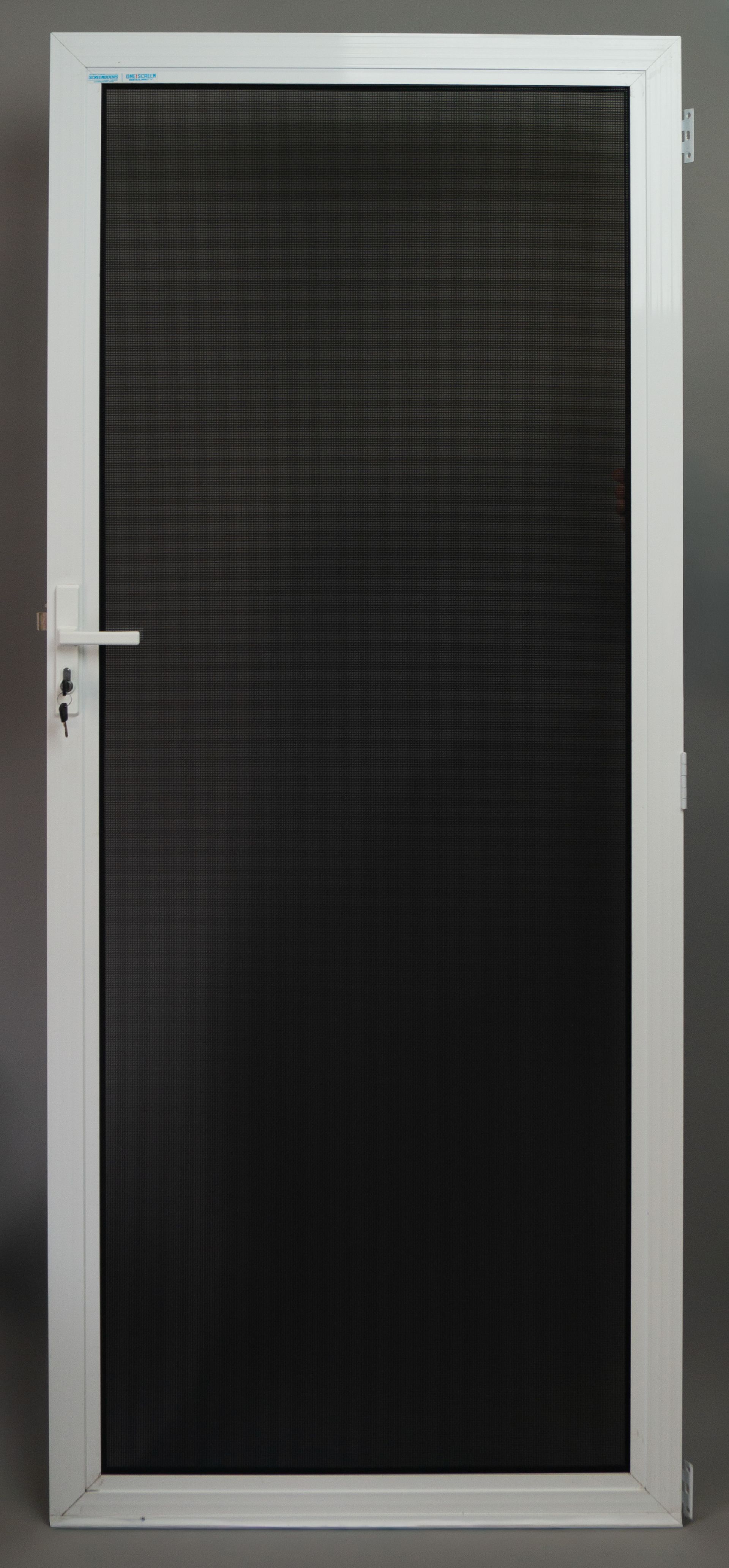 White screen door with black mesh. Handle and lock visible. Set against a grey background — Everything Screendoors & More In Wollongong, NSW