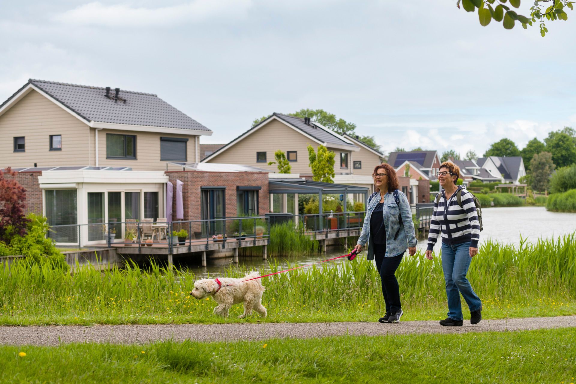 Stockfoto voor de Bloesem van Zeeland. Jolanda, Anja en doodle Seppe aan de wandel bij Biezelinge