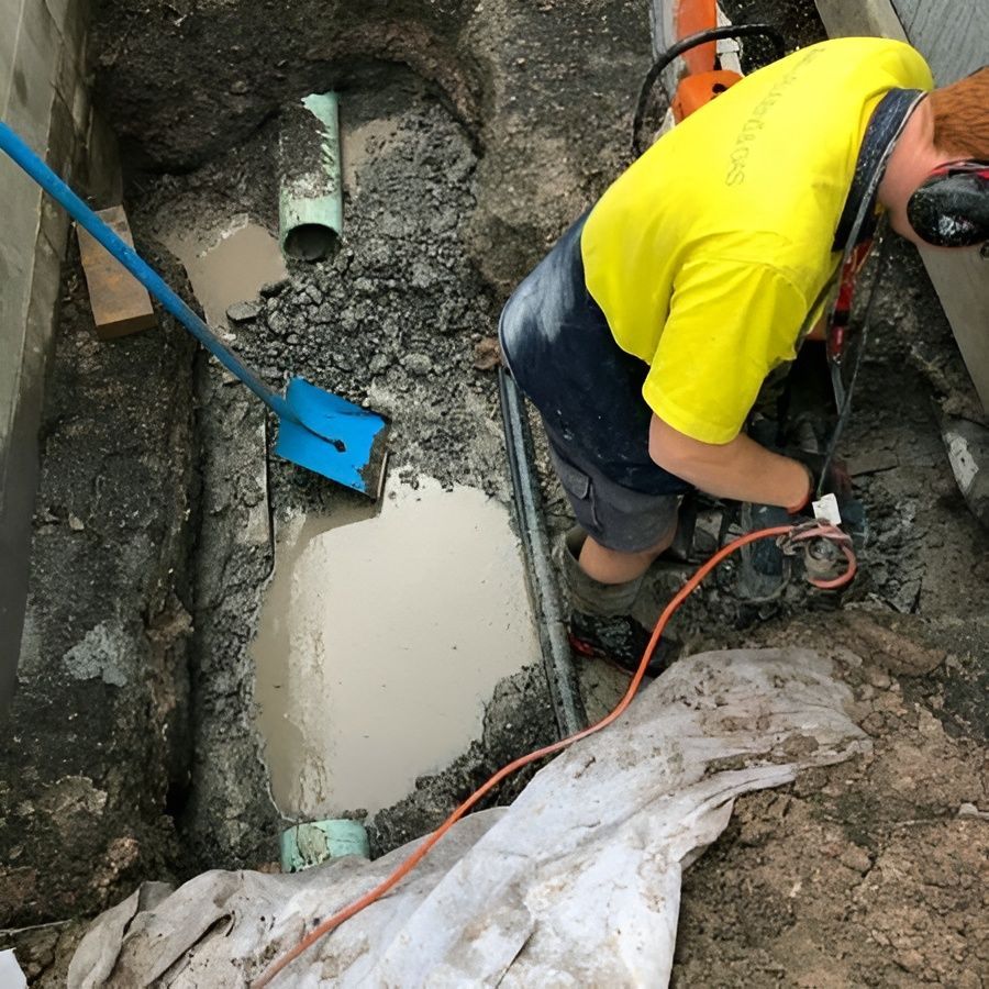 Man in Yellow Shirt Using Power Tool in a Trench With Pipes — JLH Plumbing, Gas & Roofing in Wollongong, NSW