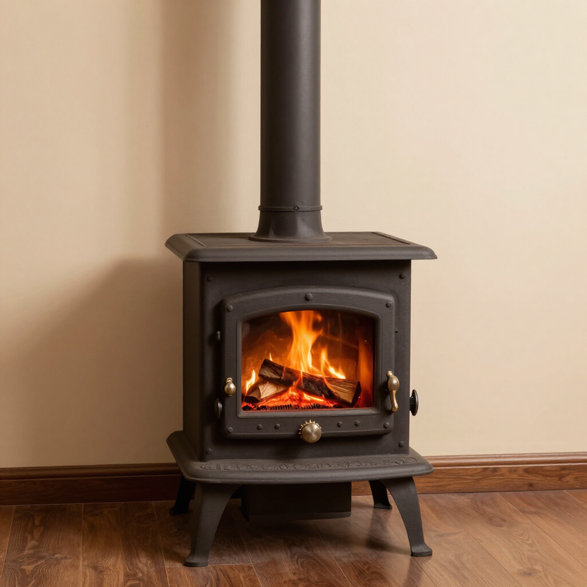 Stufa a legna nera con fuoco scoppiettante in una stanza con pavimento in legno e pareti beige.