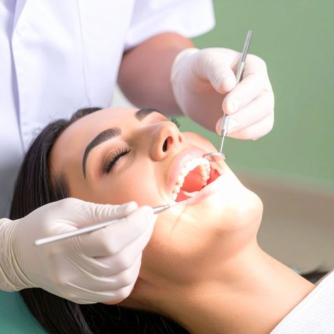 Dentist examining woman's teeth in a dental clinic. Both are wearing gloves.