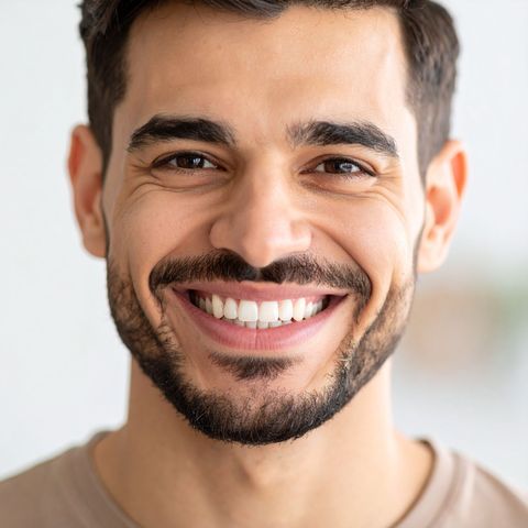 Man with dark hair, smiling broadly. He has a beard and is wearing a tan shirt.