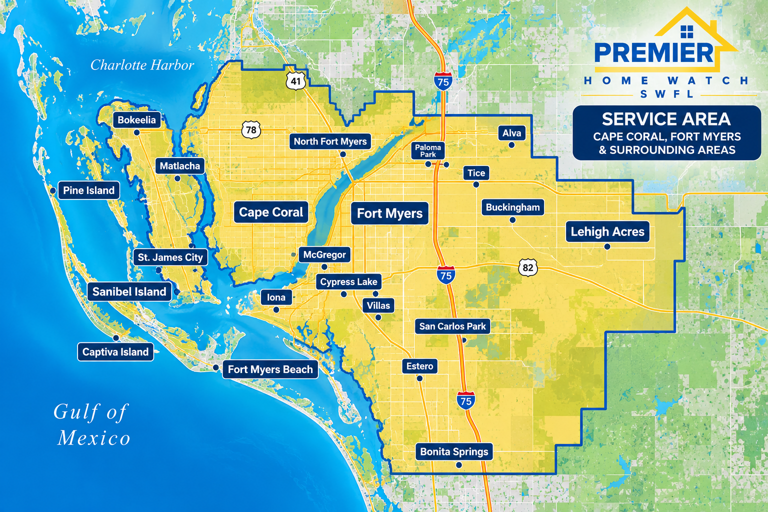 Service area map showing Cape Coral, Fort Myers & Surrounding Areas